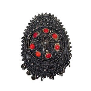 Antique Silver 925 Brooch Coral Red Gem Accent Dangle Filigree Statement Pendant